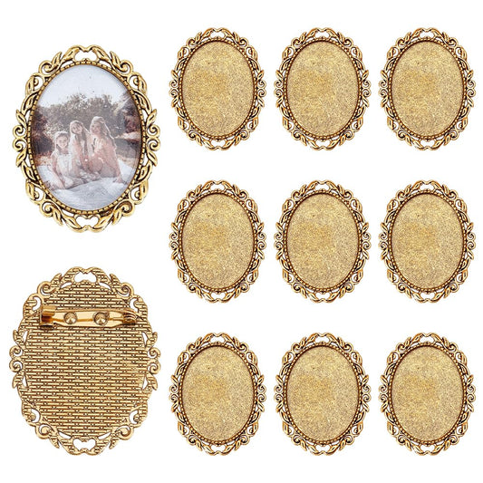 PH PandaHall 10pcs Brooch Cabochon Setting Vintage Brooch Blank Bezel Antique Gold Brooches Pins Trays Oval Cabochon Frame Photo Pin Base for Wedding Bridal Brooches Jewelry Making DIY Craft 51x40x2mm