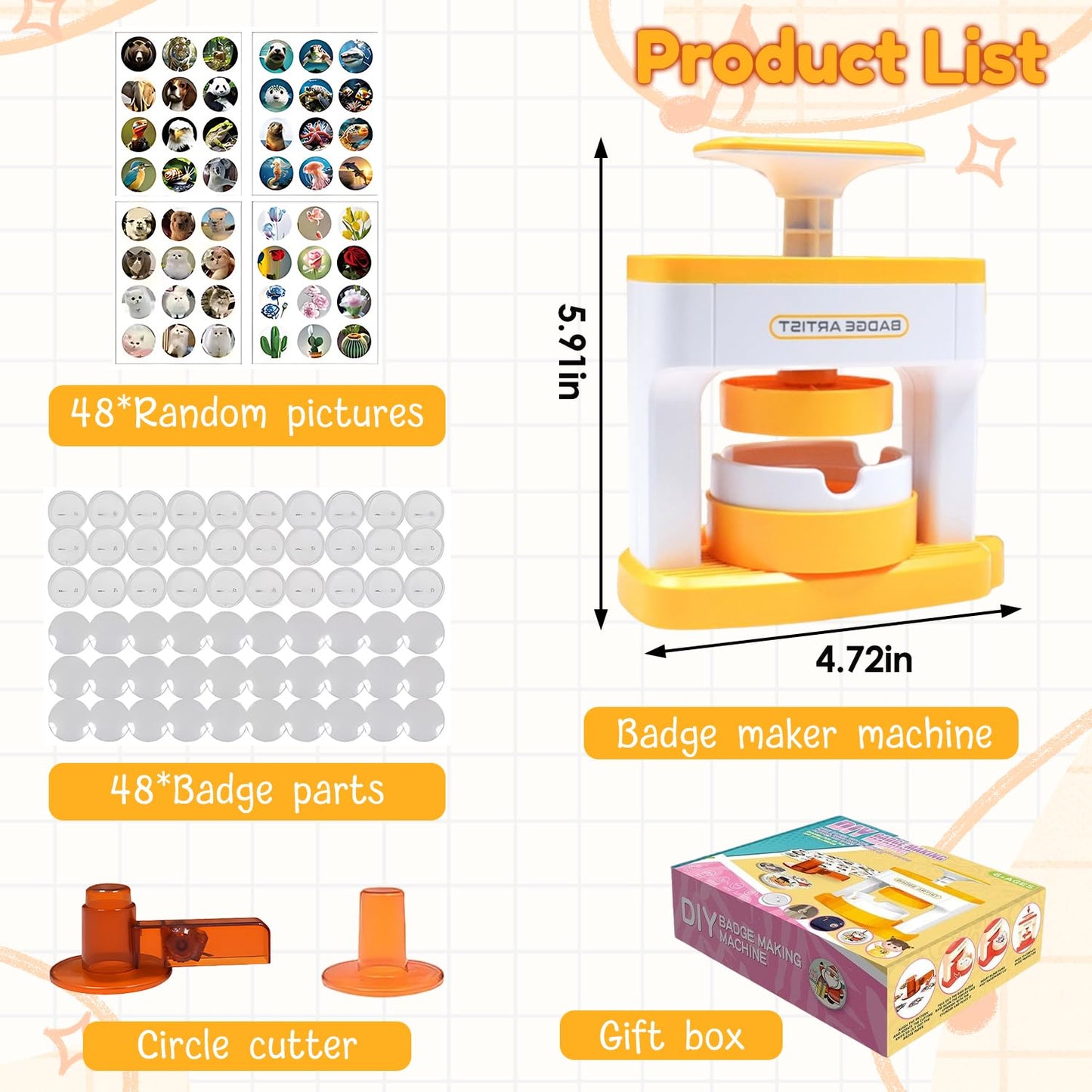 Button Maker Machine, 55mm/2.16in Pin Maker with 48pcs Button Parts and 48pcs Random Pictures Ergonomic Handle Buttons Makers for Children Gifts (5.9 x 4.9 x 2.7in)