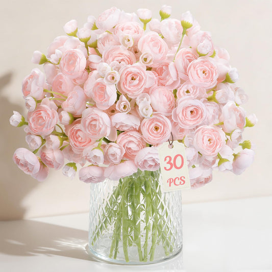 Alupssuc 30Pcs Ranunculus Artificial Flowers Faux Silk Mini Ranunculus, Spring Flowers Artificial Indoor for DIY Bouquets, Bulk Fake Wedding Filler Flowers for Bride Shower Decorations, Shabby Blush