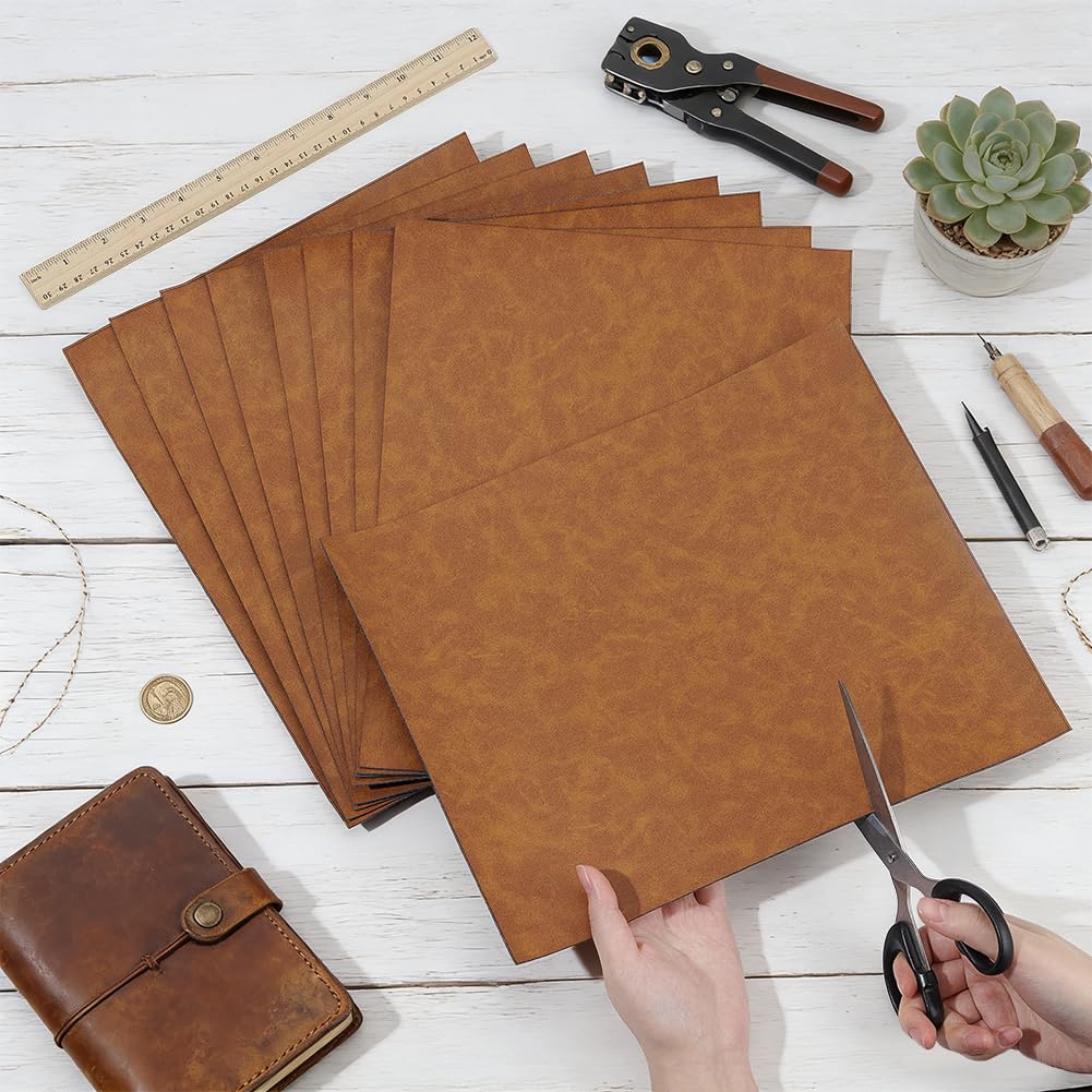 OLYCRAFT 9Pcs 10.2x12.6 Inch Peru Brown Faux Leather Sheets Large Size Laserable Leatherette Sheets Laser Engraving PU Leather Blanks Leatherette Iron on Hat Patches for DIY Hat Patches Keychain