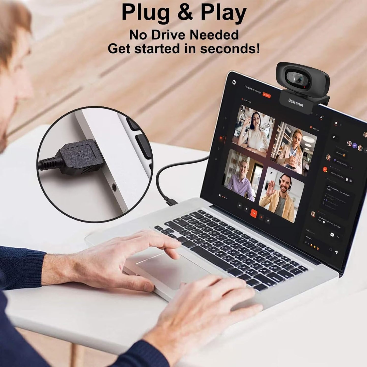 Estranst 2K Autofocus Webcam with Privacy Cover & Noise Canceling Microphone, Works with Zoom Teams YouTube Xbox
