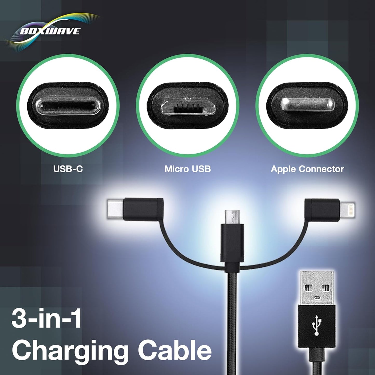 BoxWave D19 MP3 3-in-1 Cable Compatible with RUIZU Bluetooth Player - AllCharge Cable - Jet Black