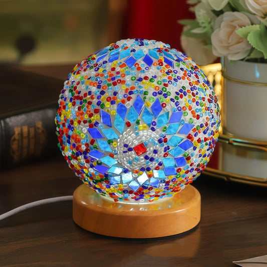 Tiffany Style Table Lamp, Turkish Table Lamp with Wooden Base, Handmade Colorful Mosaic Glass Lamps, Vintage Moroccan USB Bedside Lamps, Desk Lamp for Living Room,Bedroom,Bohemian Decor(Blue), 5.5