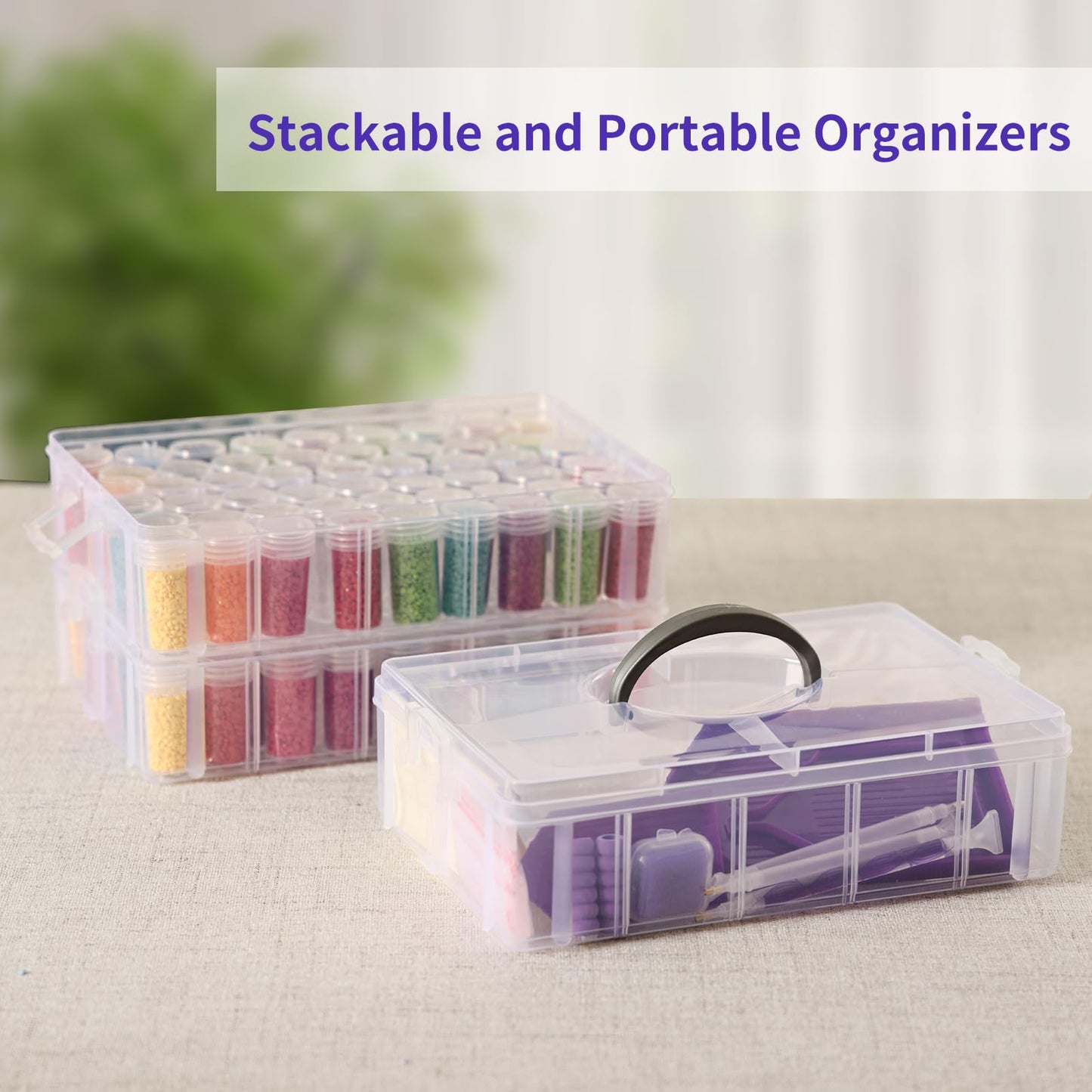 QUEFE 3-Tier Diamond Painting Storage Container, 100 Slots Clear Stackable Bead Organzier with Diamond Painting Accessories and Tools for DIY Diamond Art Craft Jewelry Bead Storage