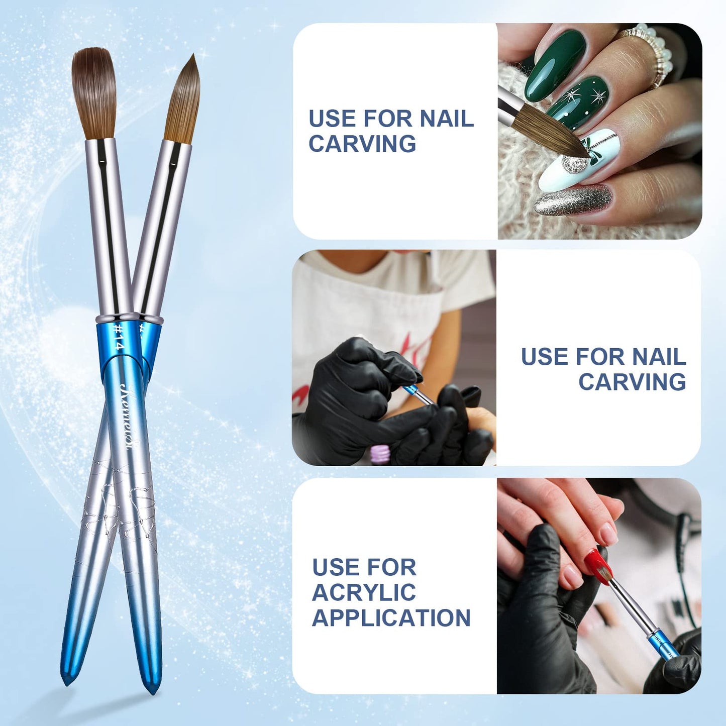 Acrylic Nail Brush Size 14,KEMEISI 100% Pure Kolinsky Nail Art Brushes Sturdy Handle Oval Shaped Acrylic Powder Nail Design Tools for Professional Manicure DIY Home Salon (Blue Gradient)