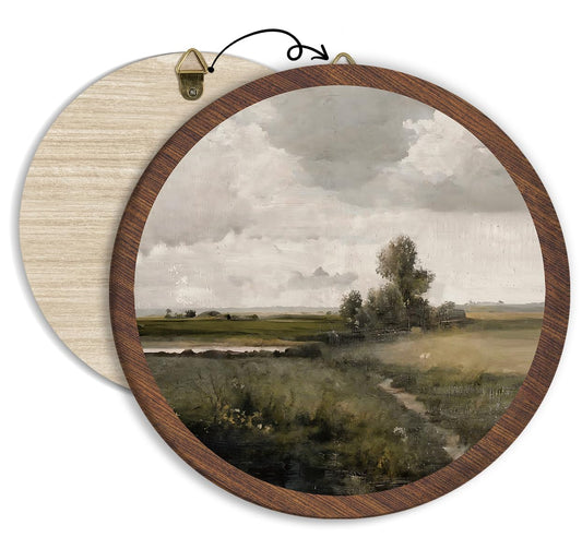 Rustic Landscape Hanging Wall Decor, Vintage Rustic Cottage Landscape Round Wooden Wall Art, Countryside Farmhouse Western Retro Decorations for Apartment Home Living Room Bedroom Bathroom Office, 12