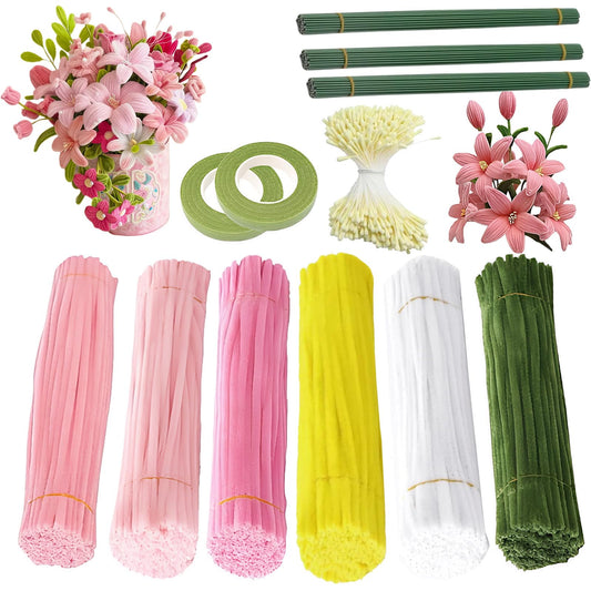 600 Pcs Pipe Cleaner Flowers Craft kit, 6 Colors Thick Fuzzy Chenille Stem with Green Floral Wires, Gardening Tape for DIY Craft Decorations Creative