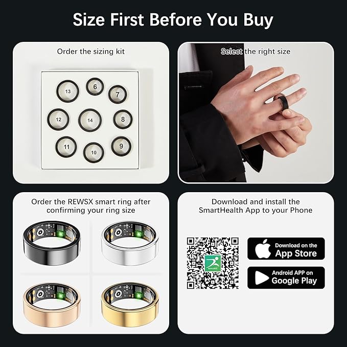 Smart Health Ring for Women Men, Fitness Tracker Ring with Heart Rate, Blood Oxygen, Sleep Tracker, Step Tracker, No Subscription Fee, IP68 Waterproof Smart Ring for iPhone & Android (Silver, 7#)