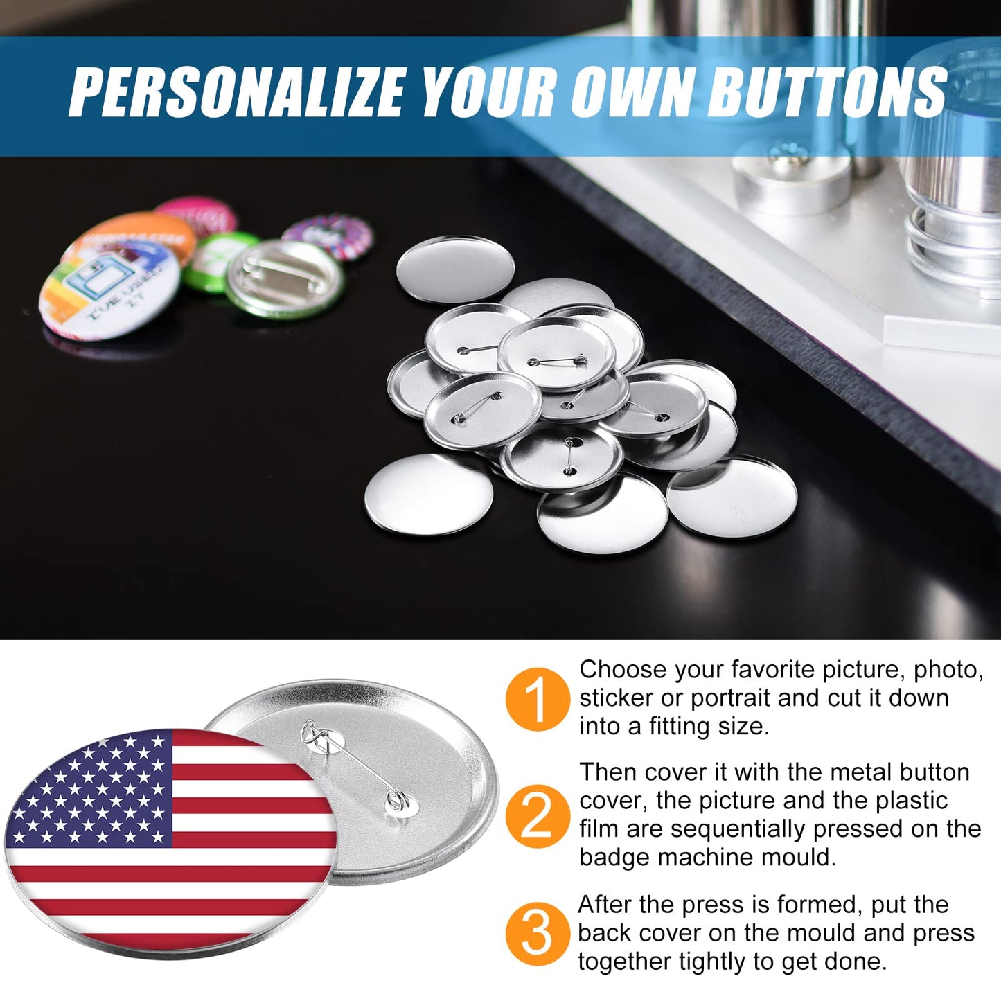150 Pcs Blank Button Making Supplies Round Button Parts Metal Badge Sets for Badge Maker Machine, Include Metal Shells Back Cover Clear Film Components(58 mm/ 2.28 Inch,Silver)
