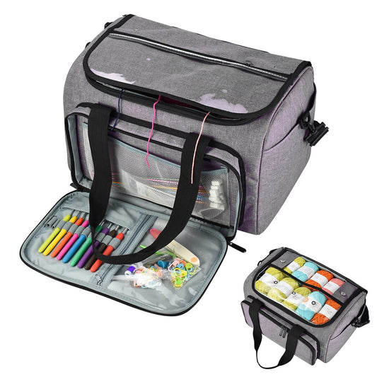 Weabetfu Large Crochet Bag Knitting Bags and Totes Organizer Huge Yarn Bag Storage for Crocheting Knitter,Crochet Hooks,Knitting Needles Kit,Supplies,Yarn - Ideal Crochet & Knitting Gift(Grey)