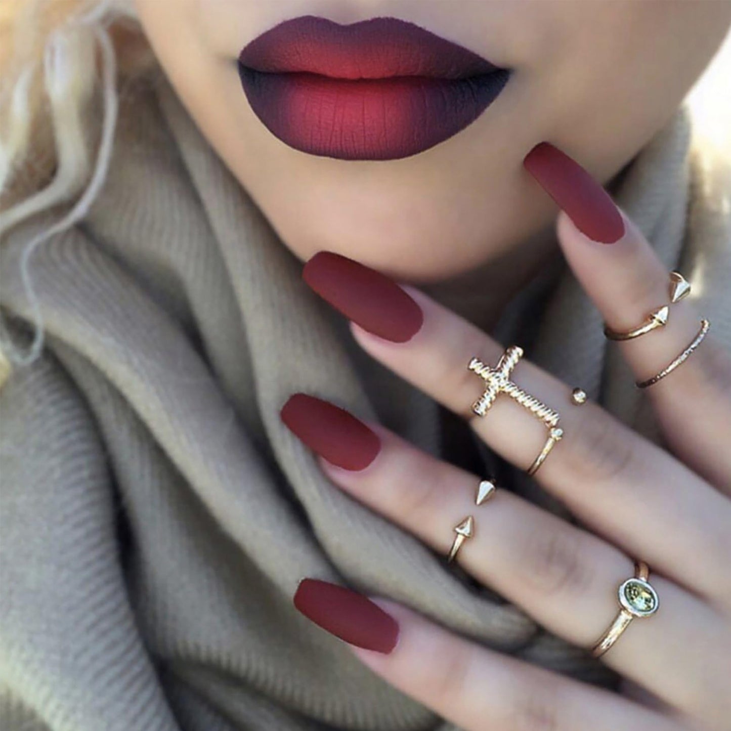 Rilafuvu Wine Red Press on Nails Medium Square Fake Nails Red Full Cover Acrylic False Nails with Design Glue on Nail Glitter Silver Nails Press ons Artificial Stick on Nail for Women 24Pcs