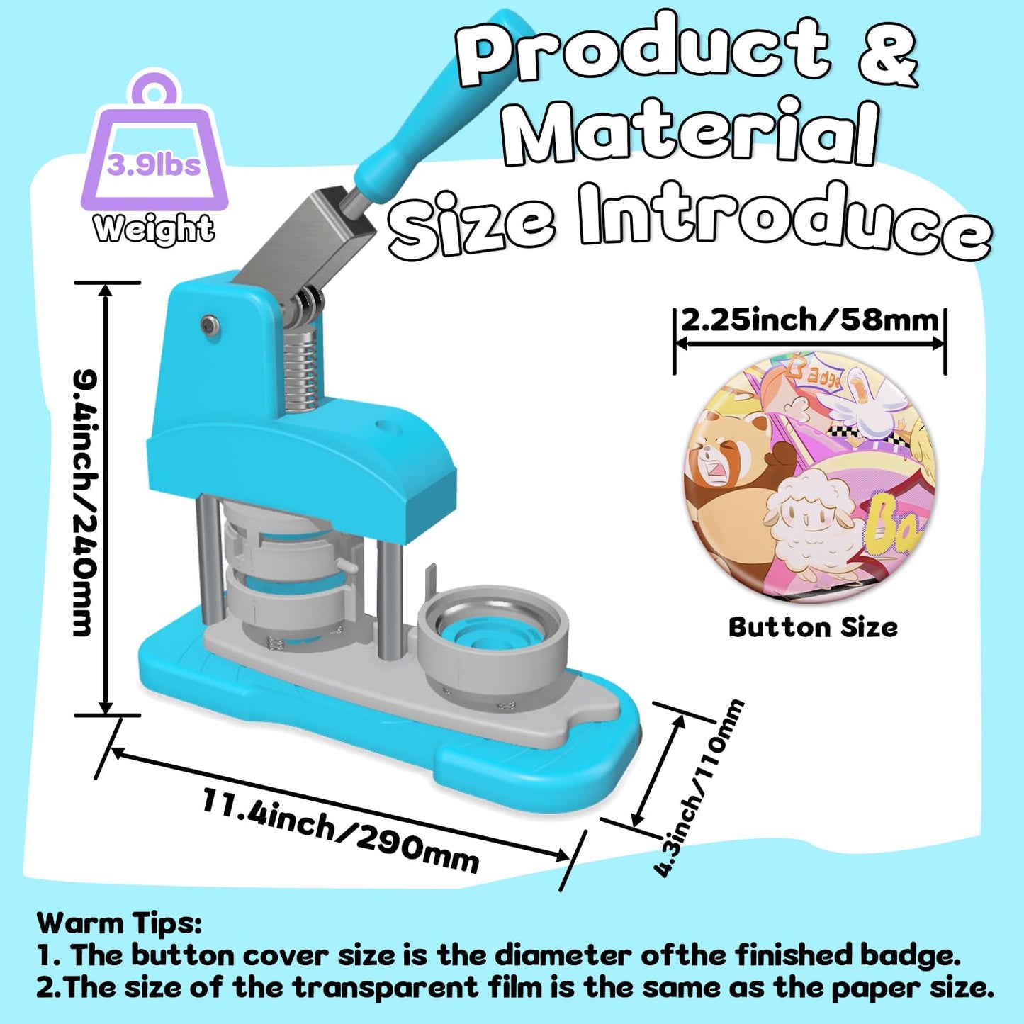 Blue Button Maker Machine 58mm (2.25 inch), DIY Button Pin Maker Machine Comes with Free Button Parts, Circle Cutter, Cutting Board, Pattern Paper, Holographic Bags, Colored Film, and Protective Case