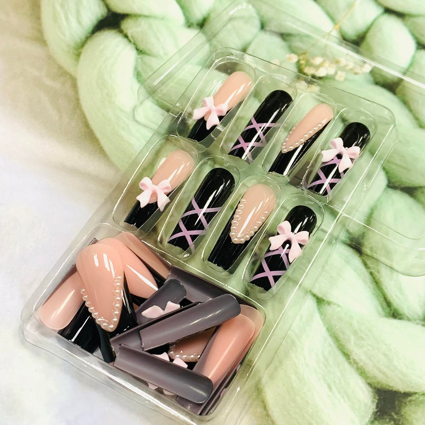FIEONCIY Press on Nails Coffin Long Black Glossy Full Cover Acrylic Square French False Nails with Pink Bow Designs Artificial Ballerina Fake Nails with Charm Glue Stick on Fingernails for Women