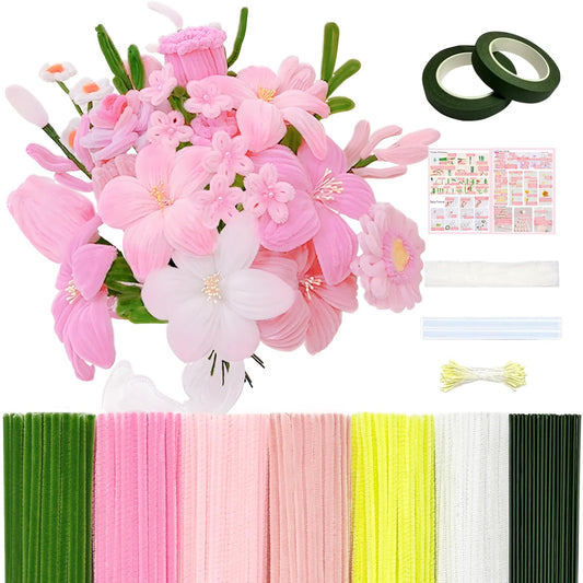 601PCS Complete Pink Pipe Cleaners Flower Kit–Pastel Pipe Cleaners for Flowers, DIY Craft Supplies for Projects, 6 Colors, with Floral Wires, Tape, Glue Sticks, Ribbon, Stamen, Manual & Video Tutorial