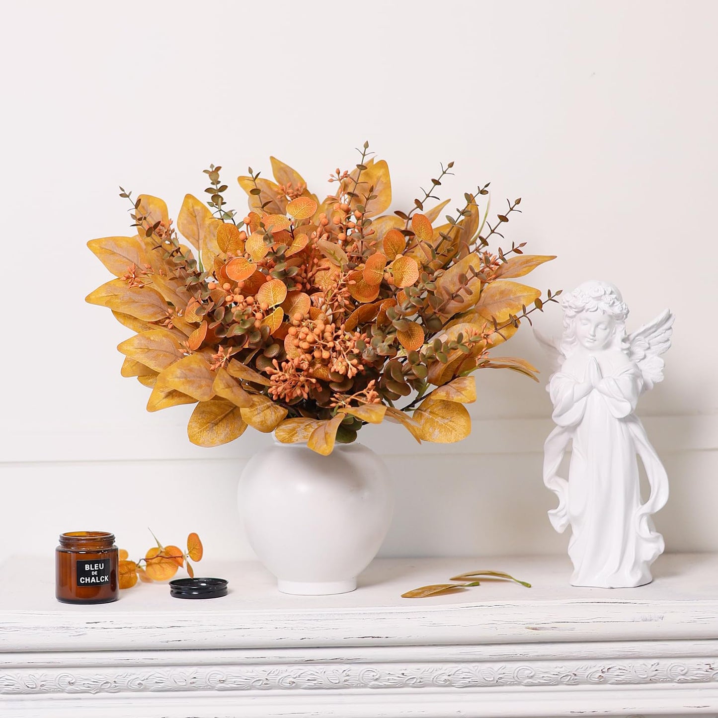 120 Pcs 5 Kinds Mixed Artificial Eucalyptus Leaves Stems and Fake Berry Bulk for Fall Decorations,Faux Plants Bundle for DIY Bouquets Floral Arrangement Wedding Engagement Party Autumn Decor (Orange)