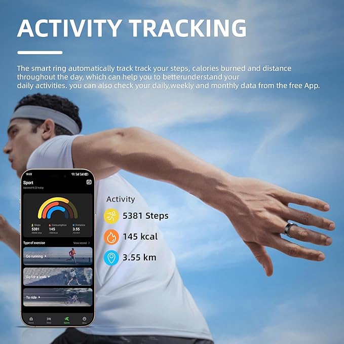 Smart Ring for Women Men, Health Fitness Tracker, 10ATM Waterproof Ring for iOS and Android, No Subscription Fee(Black, 7)