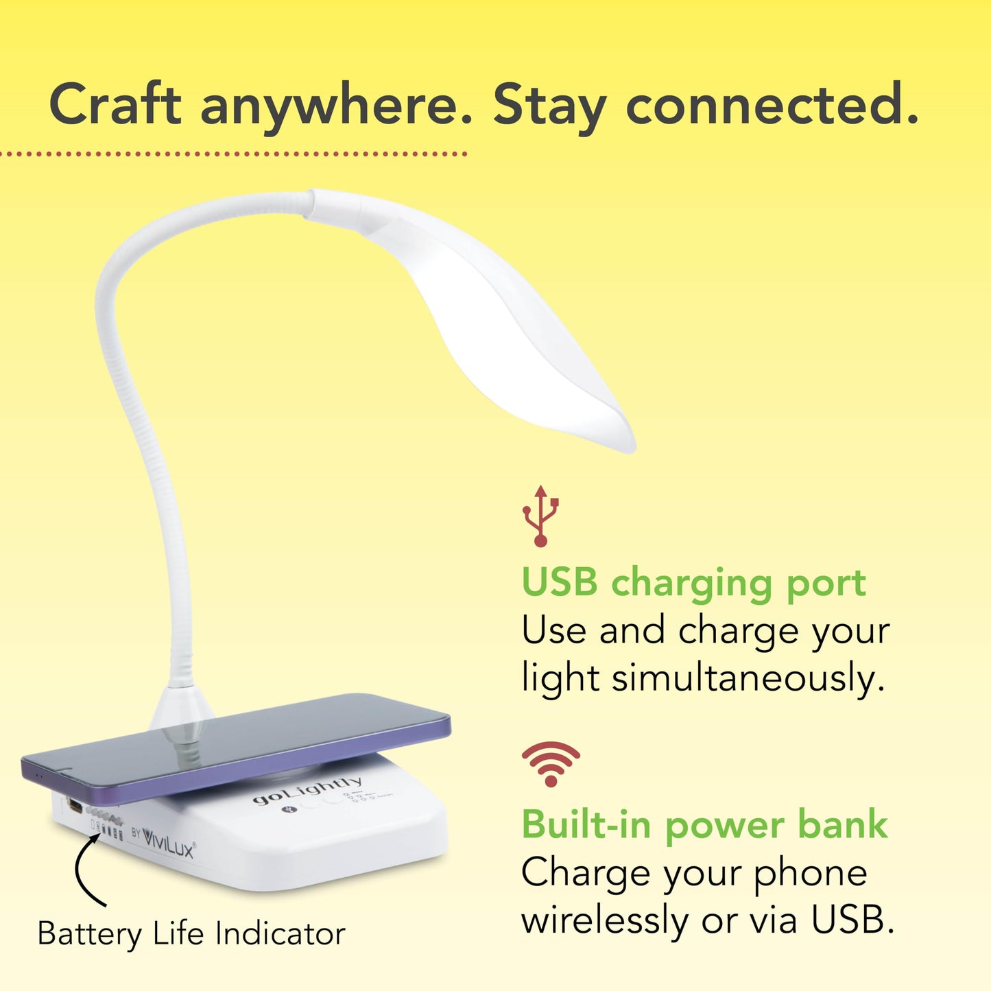goLightly by ViviLux LED Rechargeable Desk Lamp with Wireless Charging Port, 20 Hour Battery, Portable Task Lighting for Crafts, Sewing & Study