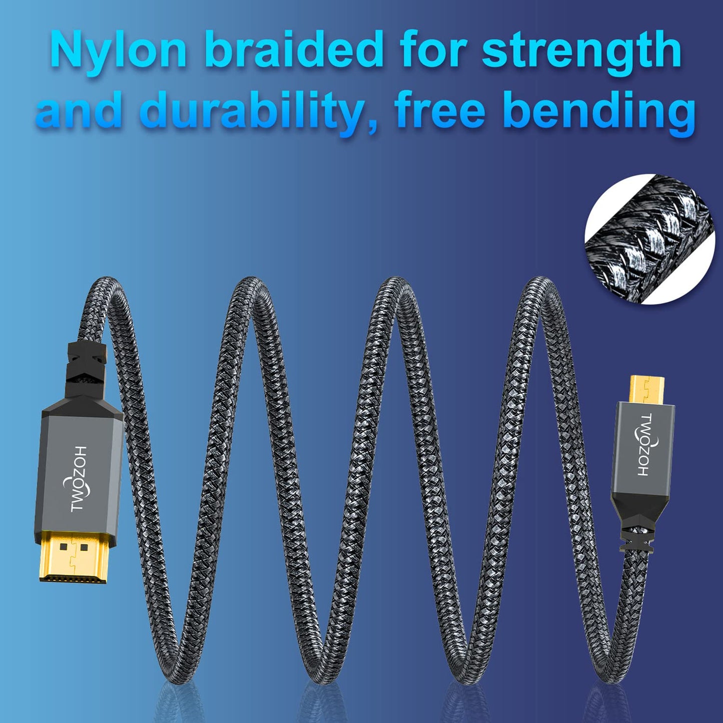 Twozoh 4K 25FT, 3D 4K/60Hz 1080p Long Micro HDMI to HDMI Cable High-Speed Full HDMI to Micro HDMI Braided Cord Support