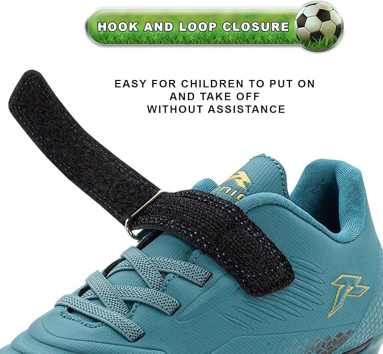 RUNIC Kids Soccer Cleats for Boys and Girls - Small and Big Kid Athletic Outdoor Football Shoes - Firm Ground - Hook and Loop Closure - Black/Gold