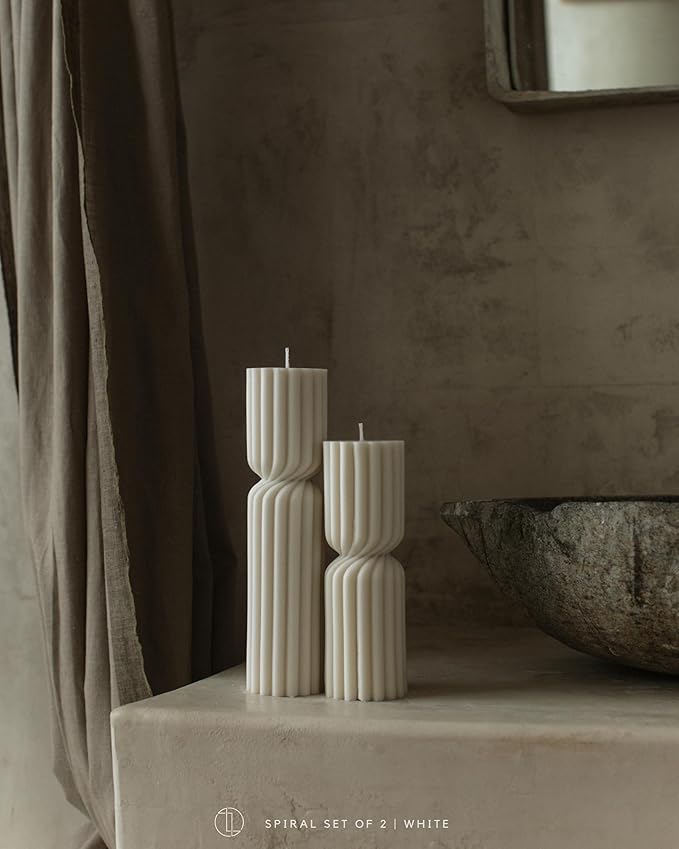LAWA Spiral Spire Candle - Large Beautiful Handmade Pillar Scented Soy Wax Elegant Bubble Aesthetic Candle Housewarming Gift Home Room Shelf Decor Idea White (Set of 2, White)
