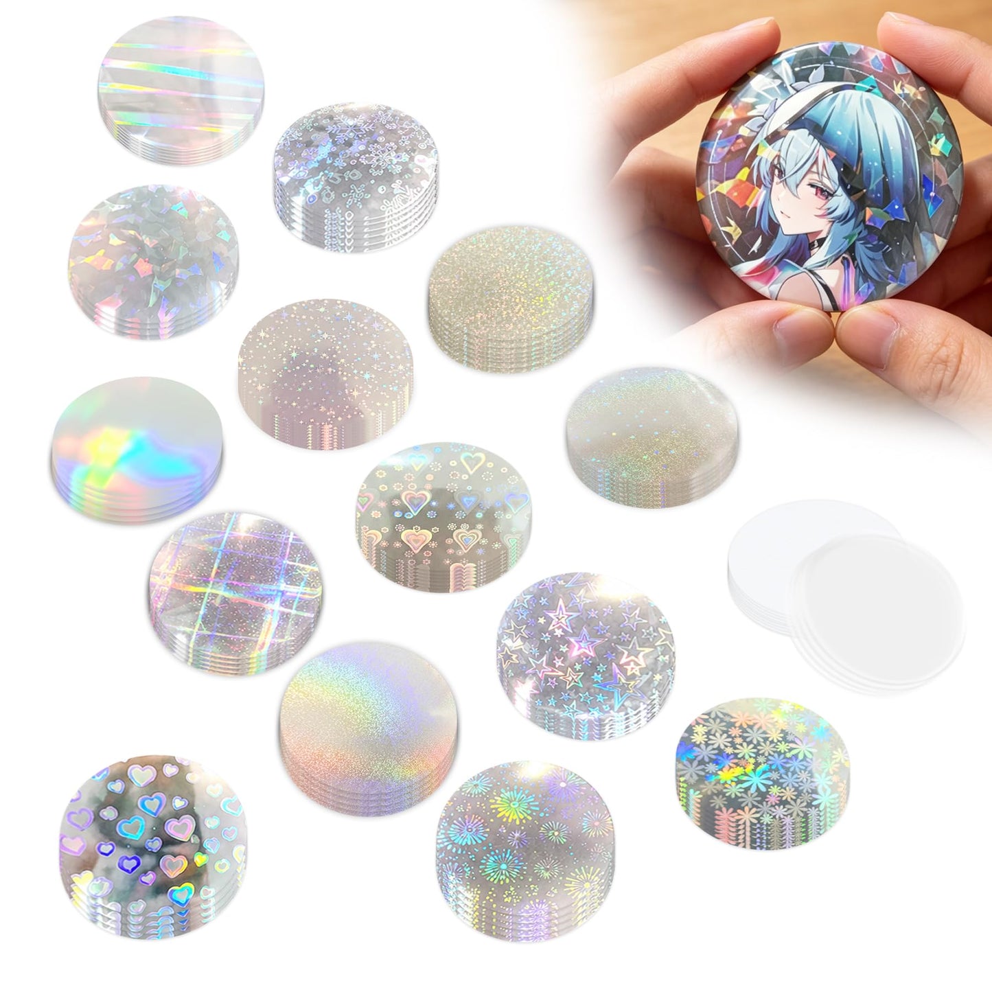 320Pcs Badge Protective Film, Button Maker Accessories Kit with Iridescent Film, 14 Styles Decorative Film, 1 Style Clear & 1 Style Printable Paper Inserts for 2.25 Inch (58mm) Badges