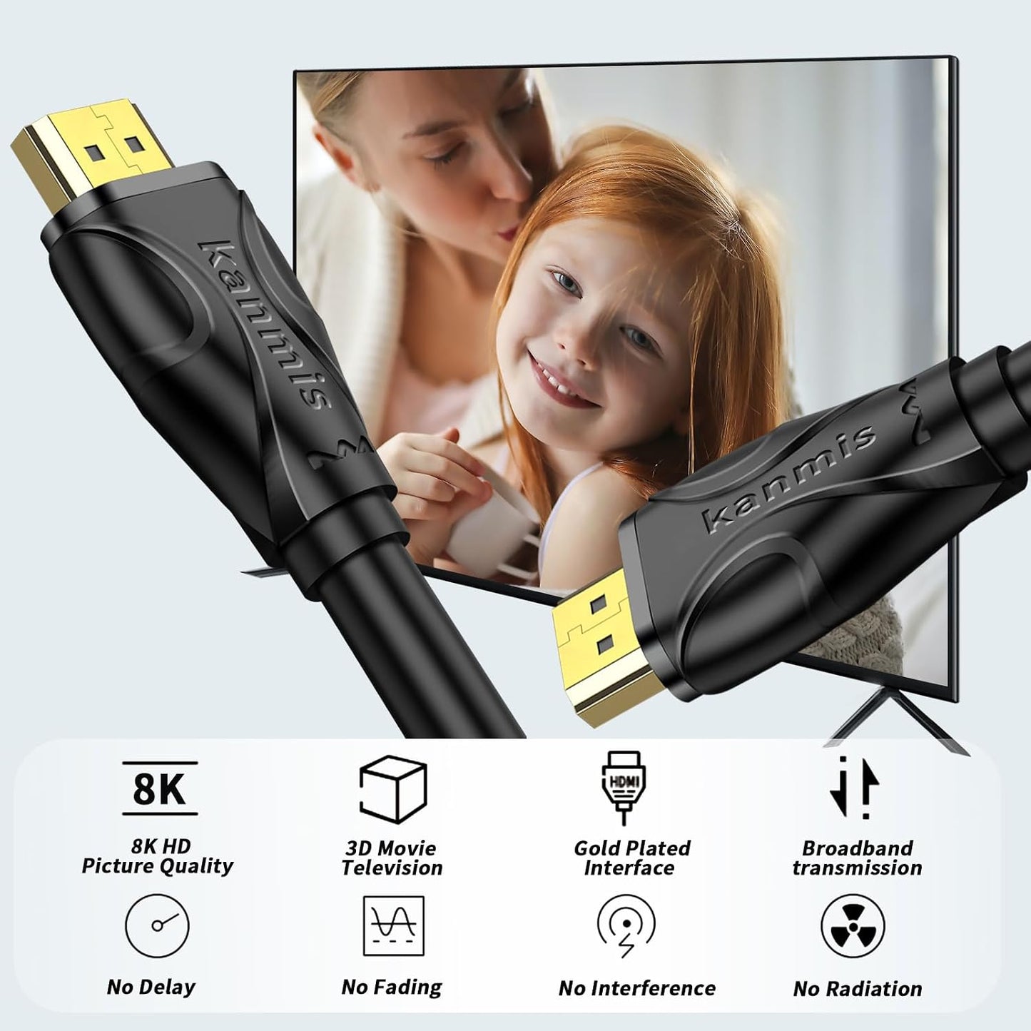 kanmis 8K 6ft, 2.1 8K@60Hz 4K@120hz, PS3 PS4 HDMI Cable High Speed Hdmi Cables Ultra High Speed Gold Plated Connectors