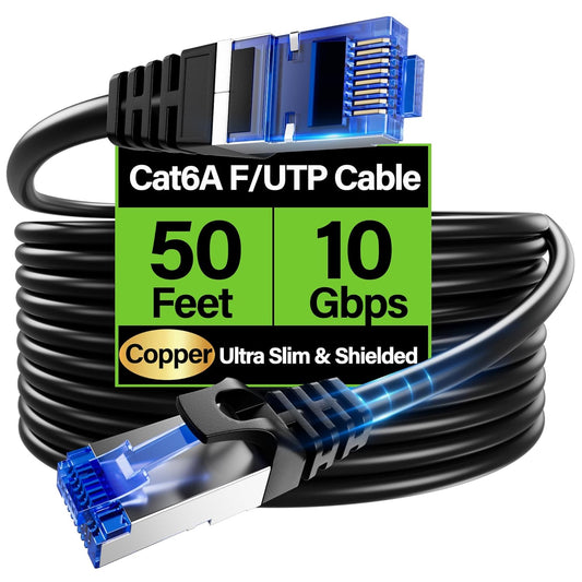 TuokaJu Cat6A 10Gbps 50 6, 28AWG Cat6 6a Ethernet Cable Shielded ft, Slim Shielded (F/UTP) Ethernet Cable Cat Flexible