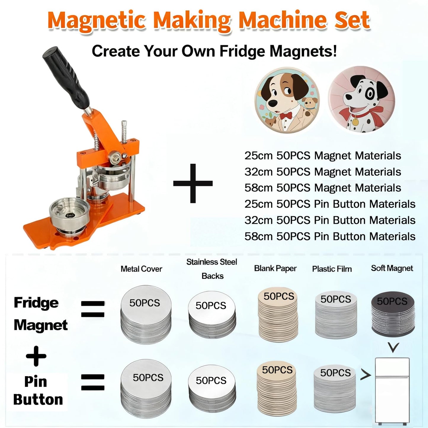 1+1.25+2.28in Round Fridge Magnet Maker Machine, Button Maker Press Kit with Photo Cutter + 150 Set Magnet + 150 Set Pin Materials+ 100 Sheets of Photo Paper