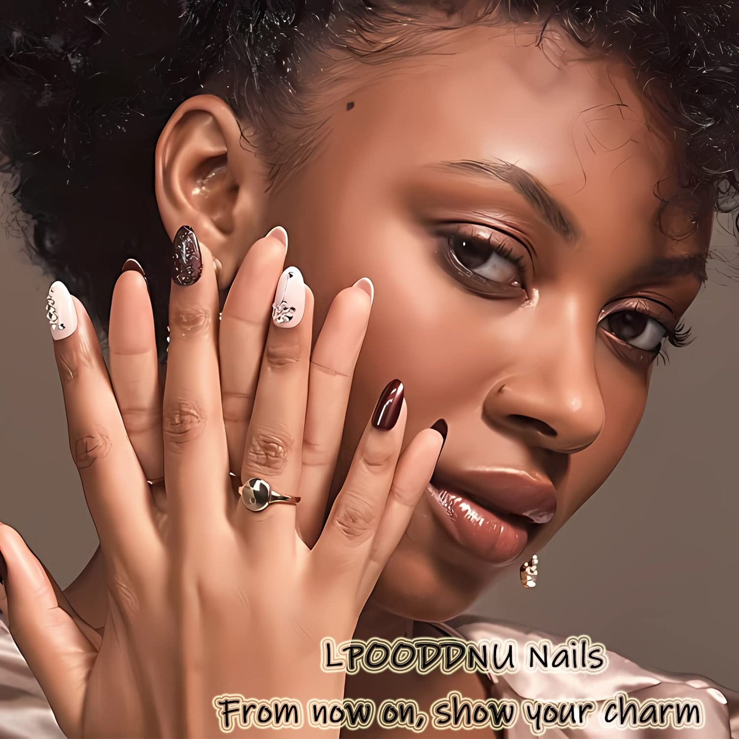 LPOODDNU Leopard Press on Nails Almond - Medium Fall Fake Nails with French Tip Designs, Glossy Finished Reusable False Nails with Double Adhesive Glue Tabs - 24Pcs Nail Kit for Women Manicure