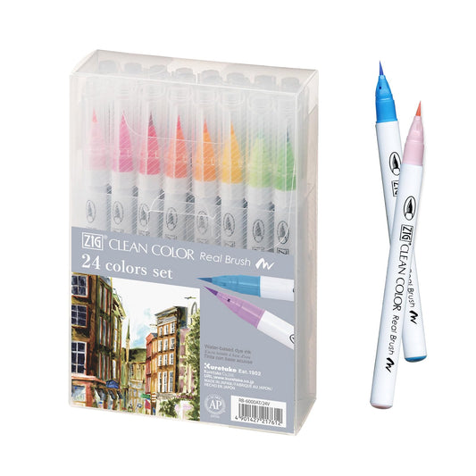 Kuretake Zig Clean Color Real Brush 24 colors set, Brush tip marker pens, for Professional and Artist, coloring, drawing, calligraphy, lettering, Made in Japan
