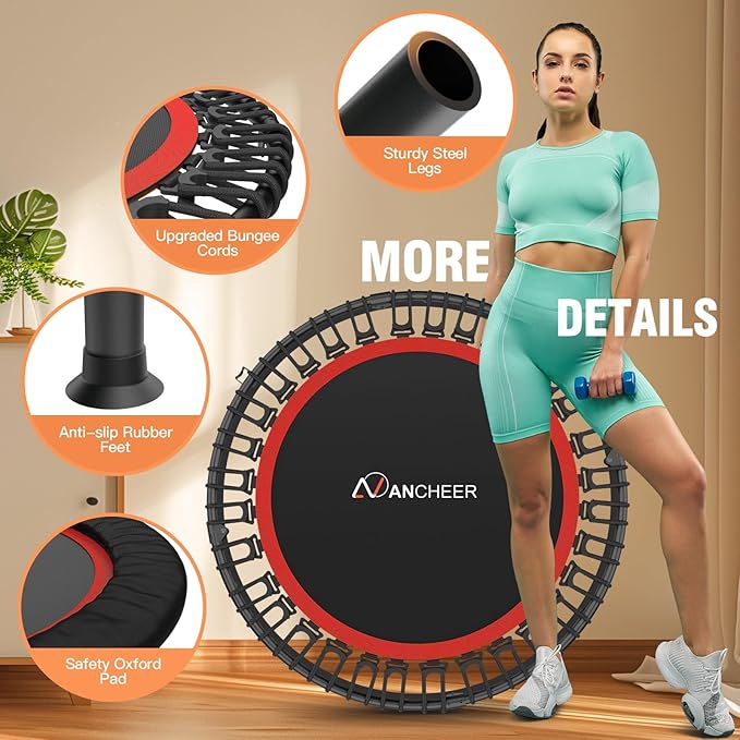 ANCHEER 40" Foldable Mini Trampoline,Max Load 450lbs/550lbs Indoor Trampoline,with 4 Level Adjustable Foam Handle and Resistance Bands,Adult Exercise Trampoline for Home, Garden, and Gym