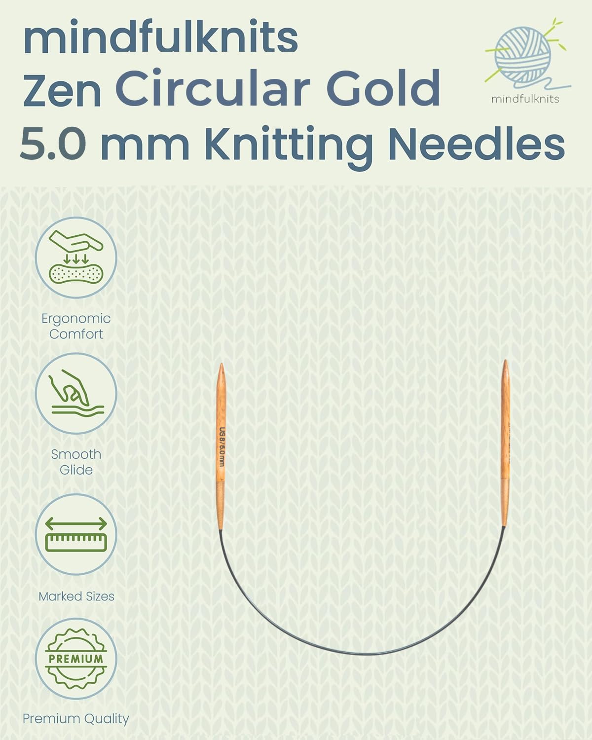 mindfulknits Zen Circular Knitting Needles - US 8, 5mm -16 Inch Length - Premium Beech Wood with Ombre Glossy Finish - Smooth Glide for All Projects - Gold