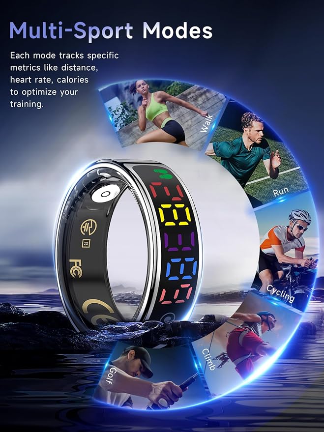 Smart Ring for Women Men, Health Ring with Colorful Display, Fitness Tracker with Heart Rate, Blood Oxygen, Sleep Monitor, No Subscription Fee, 5ATM Waterproof for iPhone & Android (Silver, 8)