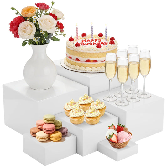 6 Pcs Buffet Display Risers, 3 to 8 Inch White Acrylic Showcase Boxes Set, Versatile Food & Dessert Display Stands with Hollow Bottoms, Ideal for Weddings, Parties, Jewelry & Retail Presentation