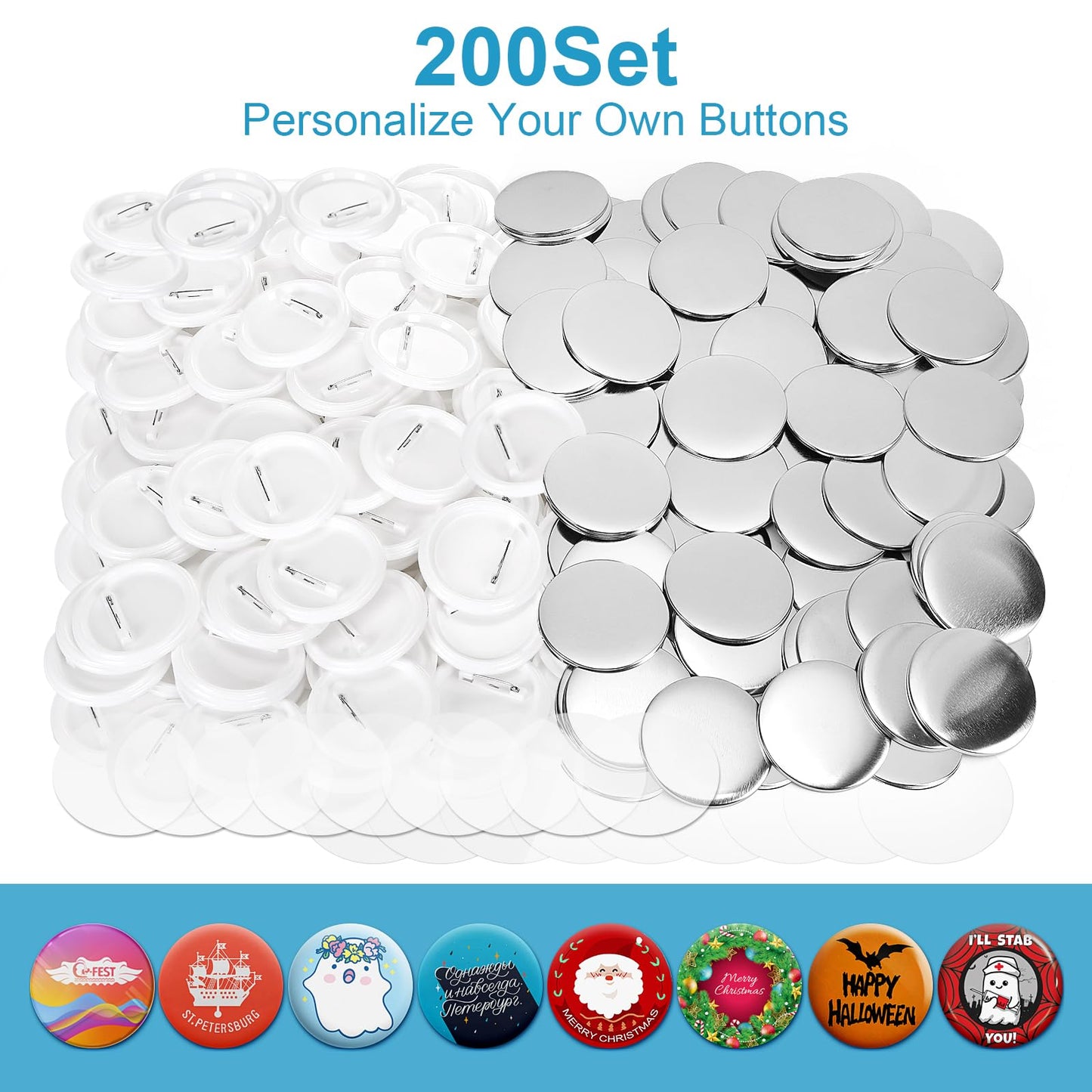 KUNTAERY 200 Sets 2.25 Inch Button Maker Supplies, 58mm Round Badge Parts with Metal Covers, Plastic Pin Backs, Clear Film & Blank Paper, Perfect for Button Maker Machine & Badge Press