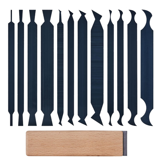 HERMIT TOOLS New Cabinet Scraper Cards and Cabinet Scraper Burnisher with 12 Piece Multi-Shaped Scraper Set Suitable for Various Small space and Small-Sized Tasks(HTCSCS13)