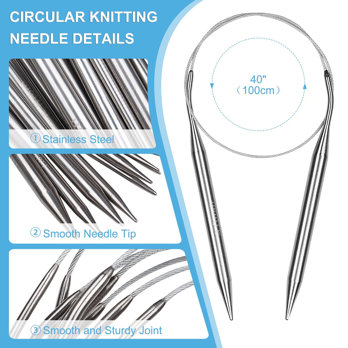 Aeelike Circular Knitting Needles Set, Stainless Steel Knitting Needles Round Knitting Needle Set (100 cm), 9 Pack Long Knitting Needles for Blankets Scarves Sweaters, Great for Beginners