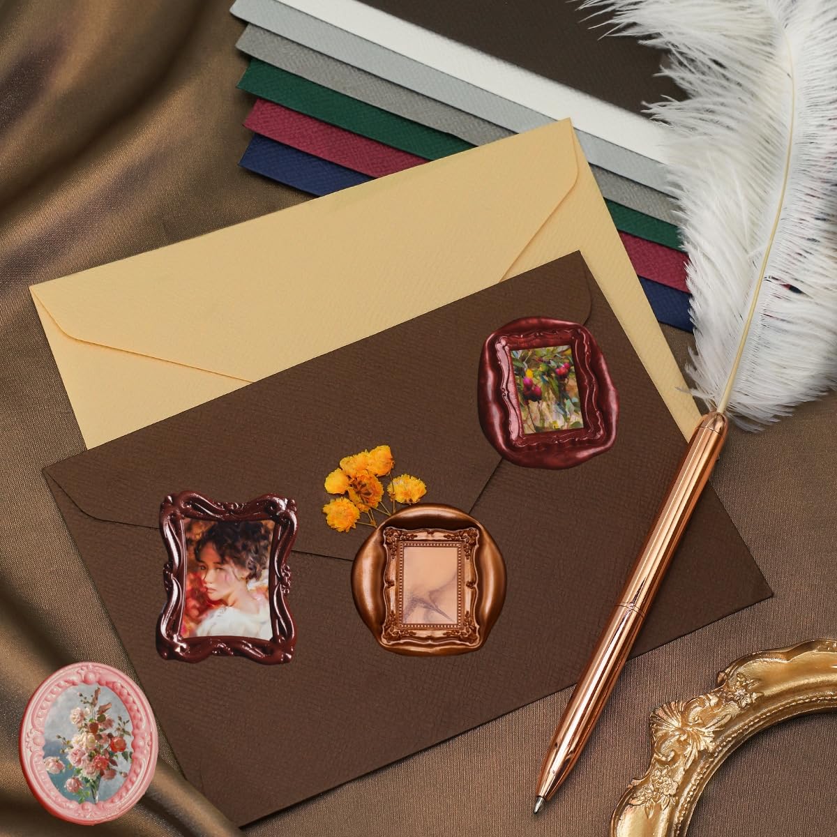 3D Embossed Frame Wax Seal Stamp, Frame Relief Carving Sealing Stamp Set with 150Pcs Sealing Wax Beads in 5 Color, Melt Spoon Pen Kit for Wedding and Christmas (KM10)