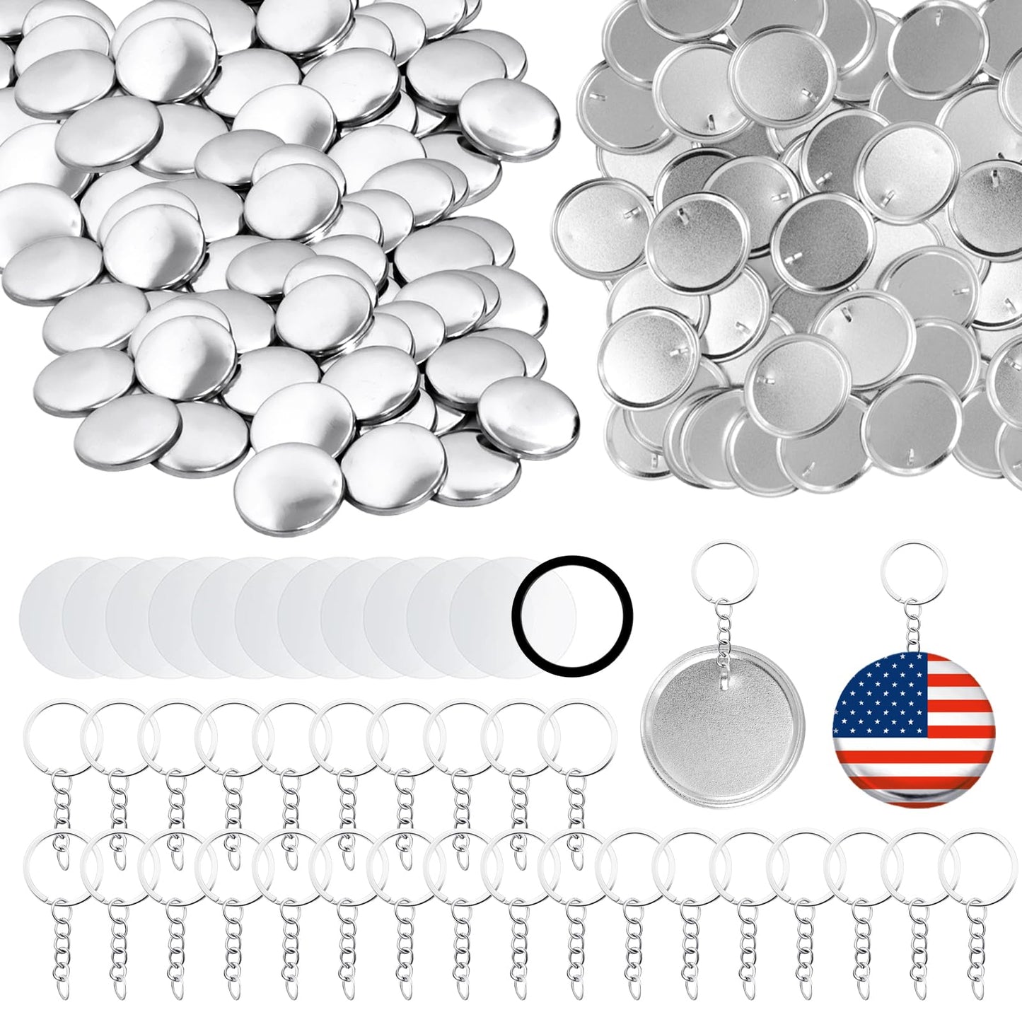 PEDOBALI 110 Sets 58 mm/ 2.25 Inch Button Maker Keychains Supplies Including Plastic Film, Metal Shell, Keychain, Backing Parts Metal Button Badge Sets for DIY Christmas Gifts Maker Machine