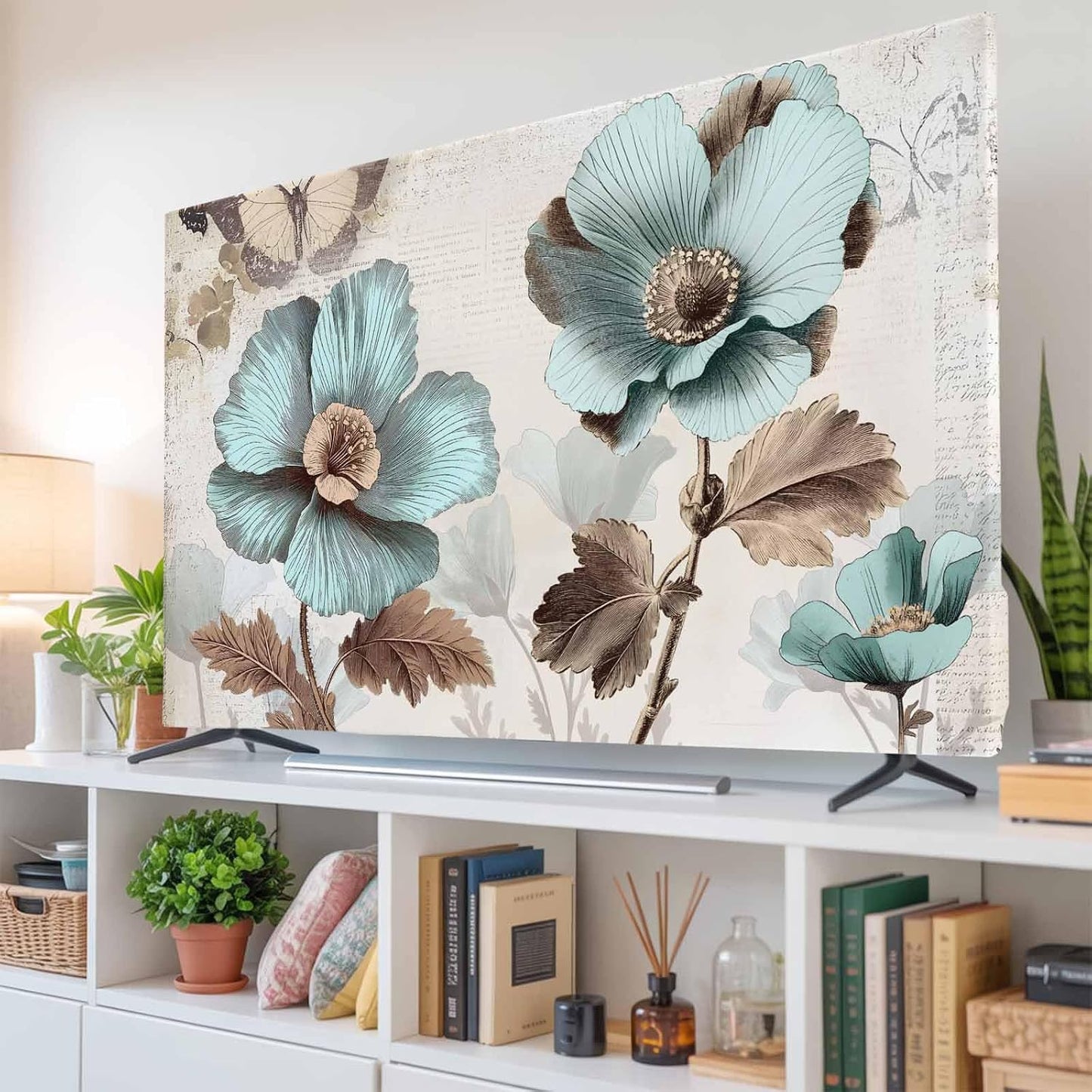 Yukro 75 Inch, 65"x37" Victorian Style Broccoli Butterfly Indoor TV Dust Cover, Blue Flowers Plant Elastic TV Dustproof