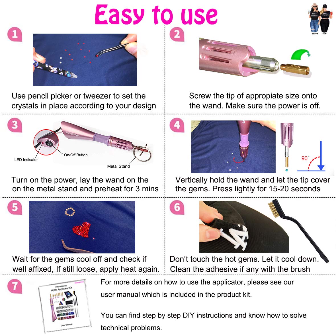 esseelove Bedazzler Kit with Rhinestones, Hotfix Applicator, DIY Hot Fix Rhinestone Setter, Hot Fixed Bedazzling Kit, 4380 Pcs, Crystal AB, Clear, 14 Colors, Box Set