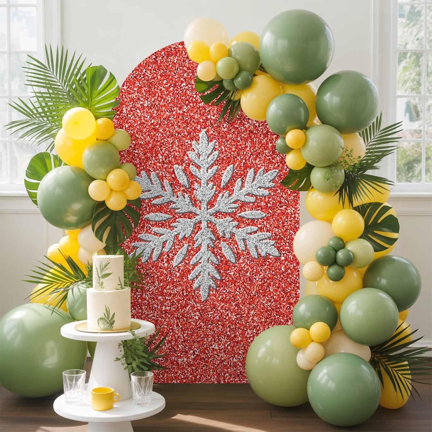 Duskova Living 7.2 Modern Themed Arch Backdrop Cover FT, Winter Watercolor Sparkling Snowflake Pattern Wedding Arch