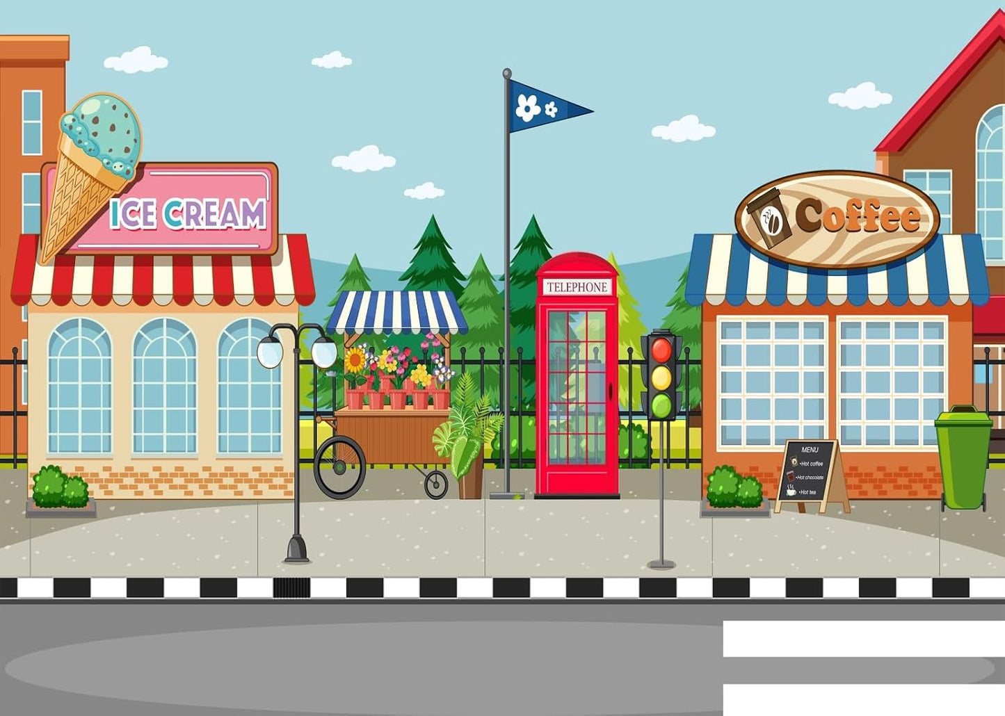 CORFOTO 10x6.5ft Fabric Town Street Backdrop Ice Cream Coffee Shop Red Phone Booth Urban Scene Photography Background