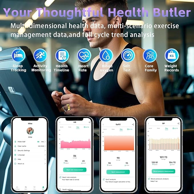 Smart Ring Health Tracker, Fitness Tracker Ring for Women Men, Monitoring of Pedometer, SpO2, Sleep Quality, Heart Rate, No Subscription Fee, Sport Rings for iOS & Android (Gold 12)