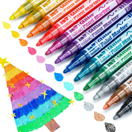 TRANSON Medium Tip Glitter Paint Markers 12 Colors for DIY Coloring with Sparkling Effects