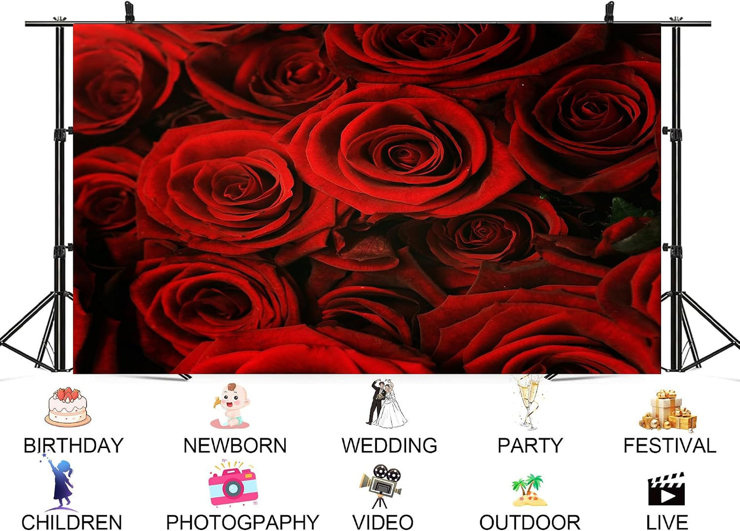 UPXIO 10x10ft Luxury Red Rose Bouquet Backdrop Dense Floral Blooms Photo Background Tapestry for Wedding Anniversary