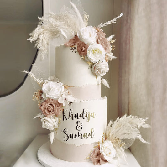 33 PCS Boho Cake Topper Decorations Vintage Artificial Rose Flowers Leaves Various Dried Pampas Grass for Cake Decorating Kit for Wedding Bridal Birthday Party Supplies (Light Brown)