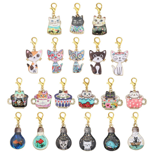 CONCHLERY 20 Pcs Teacup Cat Zipper Charm Cat Stitch Markers Charm Alloy Stitch Marker for Knitting Crocheting Quilting Weaving Jewelry Making Supplies, Mixed Color