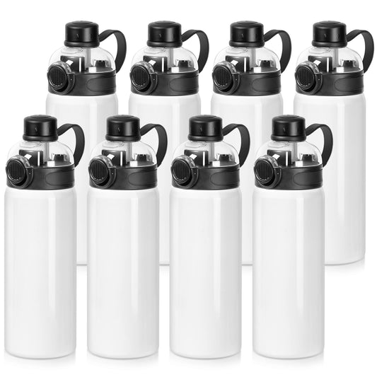 PYD Life 8 Pack Sublimation Sports Water Bottle Blanks 24 OZ 720 ML White Tumblers Cups Vacuum Flask Jug with Straw Spout Pop Lid and Silicone Handle for Sublimation Printing