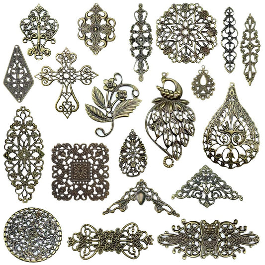metulip 120Pcs Antique Bronze Filigree Connectors Tibetan Metal Filigree Charms Pendants Links Vintage Filigree Embellishments for Craft DIY Earrings Hairpin Necklace Jewelry Making